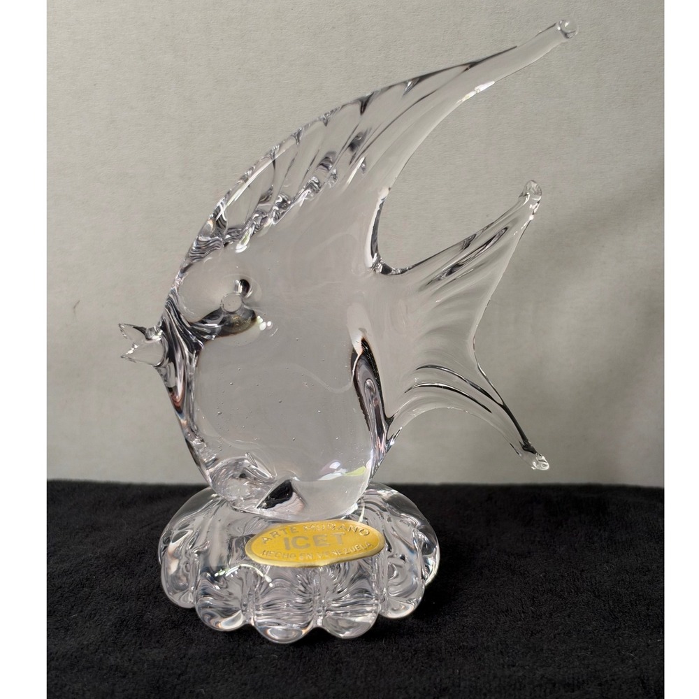 Arte Murano ICET Clear Glass Angelfish Figurine Hand Blown Venezuela Art Glass